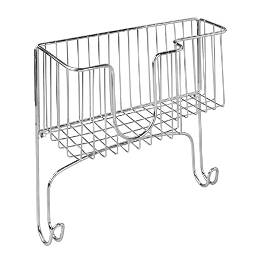mDesign Bügelbrett Wandhalterung – Bügelbretthalterung plus Korb für Bügeleisen und Zubehör – platzsparend Bügelbrett aufhängen – verchromt