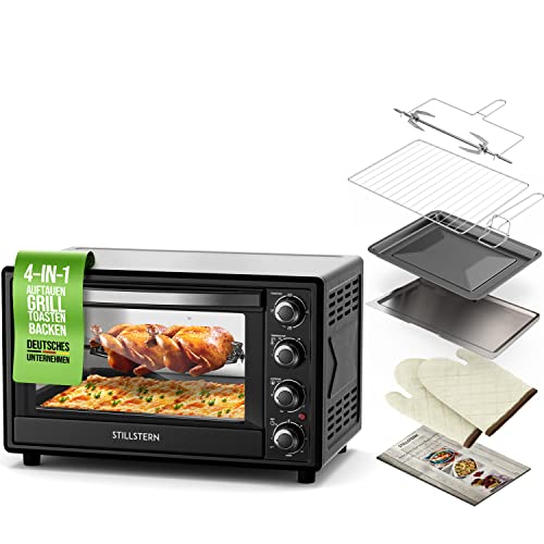 Stillstern Minibackofen mit Umluft (35L) Deutsche Version, Auftauen, Ofenhandschuhe, Rezeptheft, Drehspieß, Timer, Innenbeleuchtung, 1600W, Toaster Grill Pizzaofen Mini Backofen ideal für Camping