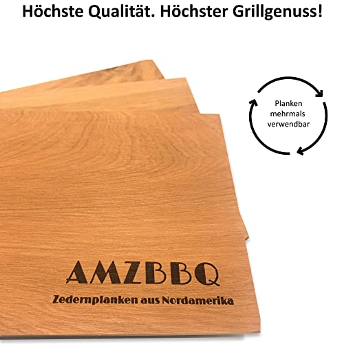 AMZBBQ® Premium Grillplanken - 6er Set Zedernholzbretter zum Grillen - 28 x 14 cm Grillbretter für Gas- & Kohlegrill - Räucherbretter für Lachs - Grillzubehör Geschenk für Männer & Frauen