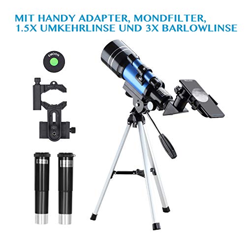 Aomekie Teleskop Kinder Einsteiger 70MM Teleskop Astronomie mit Smartphone Adapter Aluminium Stativ Barlow und Umkehrlinse