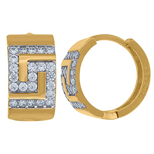 Damen-Creolen, 14 Karat Gold, Zirkonia, simulierter Diamant, griechischer Schlüssel, 13,2 x 13,5 mm breit, Schmuck-Geschenke für Frauen