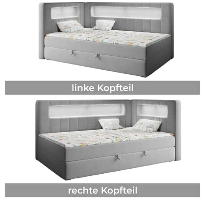 MKS MEBLE Kinderbett mit Led - Polsterbett Gold JUNIOR3 - Jugendbett Funktionsbett Led Bett Boxspringbetten für Kinderzimmer, Jugendzimmer - 90x200 Grau