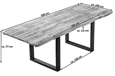 SAM Baumkantentisch 200 (300) x 100 cm Noar by Wolf Möbel, Mangoholz massiv, lackiert & naturfarben, Esstisch mit U-Metallgestell in Mattschwarz, echte Baumkante, inkl. 2 Ansteckplatten