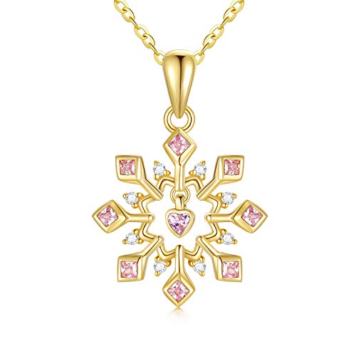 YDD 9 Karat Gold Schneeflocken-Halskette für Damen, Liebes Herz Schneeflocken Anhänger Halskette mit rosa Zirkonia Weihnachtsgeschenke Schmuck für Mädchen Ihr 16''+1''+1''