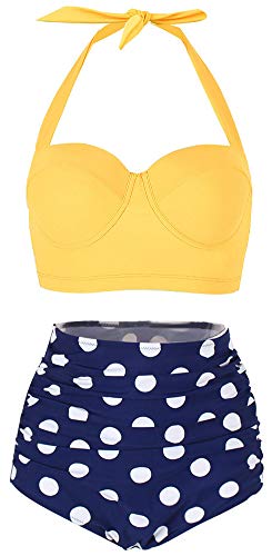 ChayChax Damen Hoher Taille Badeanzug 50er Retro Polka-Punkt Badeanzüge Bademode Zweiteiler Bikini Set Schwimmanzug, Gleb +Blau Punkt, Größe 2XL