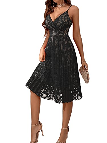 SheIn Damen Elegant Spitzenkleid Knielang A-Linie Plisseekleid Spaghettiträger Swing Cocktailkleid Ärmellos Faltenkleid Schwarz S