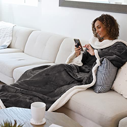 Catalonia TV-Decke Kuscheldecke ganzkörperdecke mit Ärmeln und Taschen Geschenk zweiseitige Decke Microplush Fleece Sherpa Warme Decken für Erwachsene Frauen Männer 183x140cm, grau