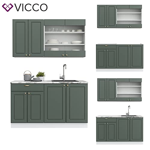 Vicco Küchenzeile Küchenblock Einbauküche Fame-Line Single Landhaus 140 cm modern Küchen Schränke Spülenunterschrank Schubunterschrank Hängeschrank Hängeglasschrank (Weiß-Grün-Gold)