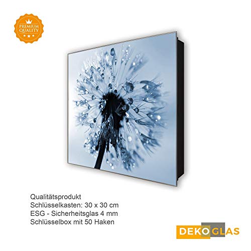 DekoGlas Schlüsselkasten 'Pusteblumen Tau' 30x30 Glas, inkl. Haken Schlüsselbrett Schlüssel-Box Design Aufbewahrung