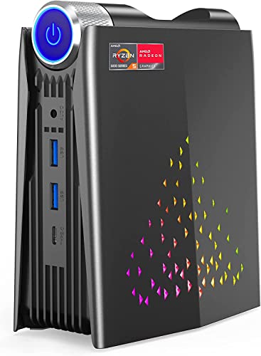 [3-Modus-Anpassung] Mini Gaming PC, RGB-Leuchten AMD Ryzen 5 5600U 16 GB DDR4 512 GB NVMe SSD Windows 11 Pro AMR5 Mini-Computer 4K HDMI DP Type-C WiFi 6 BT 5.2 Kleiner PC, automatisches Einschalten