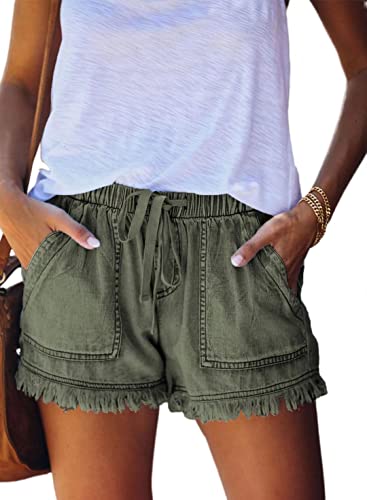 QAKEHU Damen Casual Ripped Denim Shorts Mittlere Taille Kurze Jeanshose mit Taschen NZ-Green L