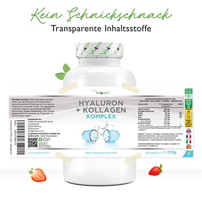 Hyaluronsäure Kollagen Komplex - 240 Kapseln - Premium: Mit bioaktives Biotin, Selen, Zink, natürliches Vitamin C aus Acerola & Silizium aus Bambus - Laborgeprüft