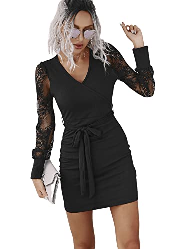 SheIn Damen Spitzen Ärmel Kleid mit Gürtel Hohe Taille Bleistiftkleid Halloween Spitzenkleid Partykleid Bodycon Minikleid Elegant Langarmkleid Schwarz M