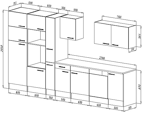 Küchenzeile Einbauküche Küche Küchenzeile Leerblock 370 cm Eiche Grau Glanz