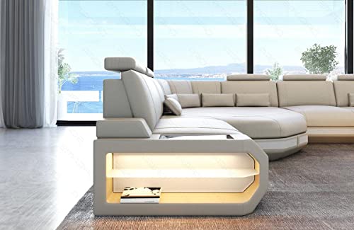 XXL Sofa Wohnlandschaft Asti mit LED-Beleuchtung Couch in Leder Designersofa mit Kopfstützen und USB-Anschluss (Große Ecke Links (auf Sofa blickend), Beige-Weiss)