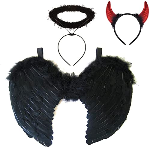 Singtis Schwarz Flügel, Engel Kostüm Damen, Flügel Schwarz und Heiligenschein, Teufel Kostüm Damen, Schwarze Flügel Groß, Wings Costume für Kostümparty Halloween Verkleidung, + 1x Teufelshörner