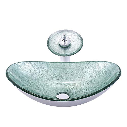 HomeLava Modern Waschbecken Glas Oval Set Hartglas Aufsatzwaschbecken mit Wasserfall Wasserhahn und Chrom Pop Up Ventil