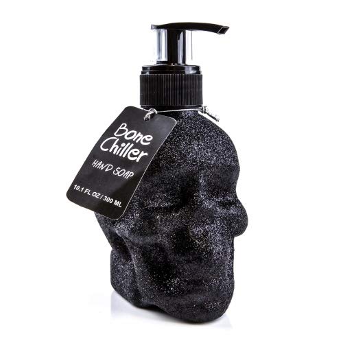 Accentra Seifenspender Totenkopf mit Flüssigseife - Schädel/Skull - Totenkopf Deko für das Badezimmer -schwarzer Chrome-Look Pumpspender (Glitter)