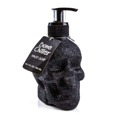 Accentra Seifenspender Totenkopf mit Flüssigseife - Schädel/Skull - Totenkopf Deko für das Badezimmer -schwarzer Chrome-Look Pumpspender (Glitter)