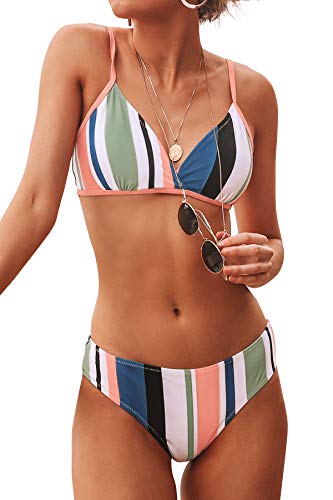 CUPSHE Honig Mädchen Streifen Bikini, Mehrfarbig, XXL