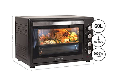 TZS First Austria Minibackofen, 2000 Watt, 60L, mit Innenbeleuchtung, Umluft-Funktion, Drehspieß für 2 Hühnchen, Mini Pizzaofen, herausnehmbares Krümelblech