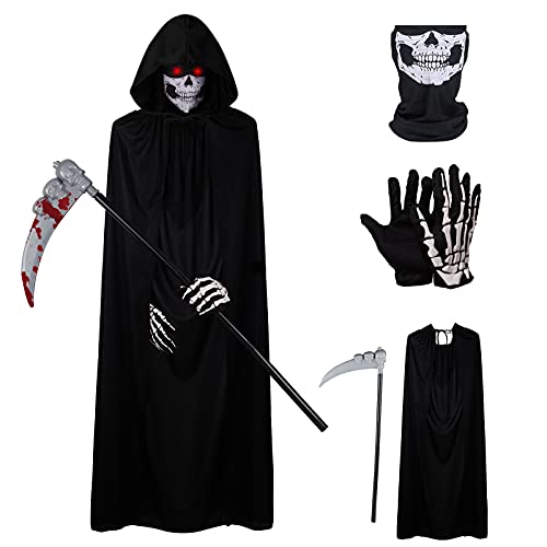 Herefun Sensenmann Kostüm, Halloween Kostüm Sensenmann mit Sense Schädelmaske Kostüme Set für Erwachsene Halloween Dekoration Cosplay Sensenmann Schwarz Umhang mit Kapuze