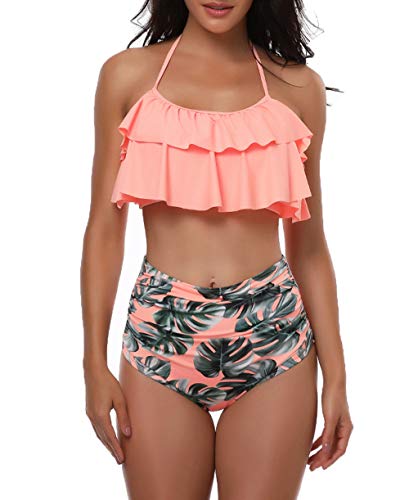 Alleen Damen Bikini Rüschen High Waist Badeanzug Neckholder Zweiteilige Bikini-Set (S, Rosa-G)