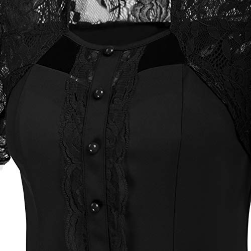 Damen Steampunk Spitzen Shirt Kurzarm Renaissance Spitzenshirt für Party Schwarz XL