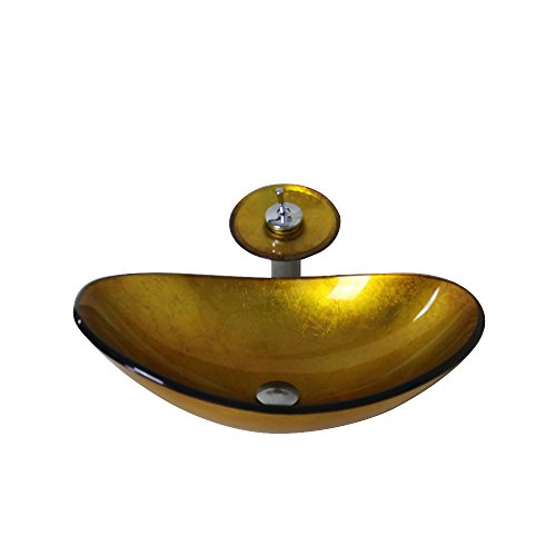 HomeLava Modern Gold Oval Gehärtetes Glas Waschbecken mit Wasserfall Armatur Set