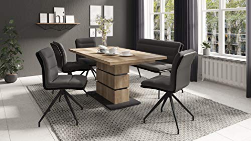 HOMEXPERTS Säulentisch BONNIE / Esstisch in Eiche-Optik hell-braun / Esszimmer-Tisch mit Applikationen und Bodenplatte anthrazit / Küchen-Tisch mit stabilem Standfuß / 140 x 90, H 75 cm