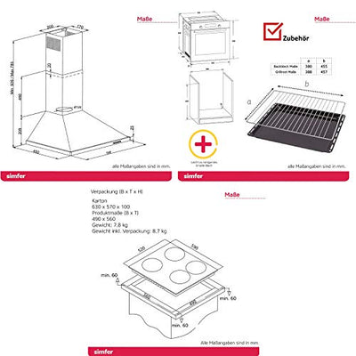 Simfer Einbau Herdset mit Dunstabzugshaube, Autark, Backofen + Kochfeld + Dunstabzugshaube, 60 cm, 3 Funktionen, Touch-Bedienung, 4 Zonen Glaskeramikkochfeld, 2-fach Verglasung, Beleuchtung