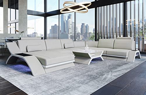 Ledersofa Calabria XXL Sofa Wohnlandschaft in Leder mit Kopfstützen USB Beleuchtung integrierter Steckdosen U Form Designersofa Couch (Ottomane Links, Beige-Weiß)