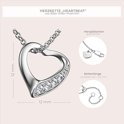 Amoonic Damen Herzkette *Heartbeat* aus 925er Silber mit Zirkoniasteinen I Eine Halskette für Ihre Liebe | Kostbares *Ich Liebe Dich* Geschenk