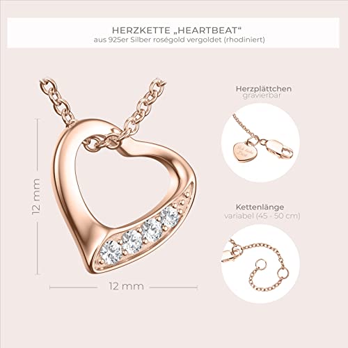 Amoonic Damen Herzkette *Heartbeat* Silber 925 Rosegold vergoldet mit Zirkoniasteinen I Eine Halskette für die Liebe | Edles *Ich Liebe Dich* Geschenk