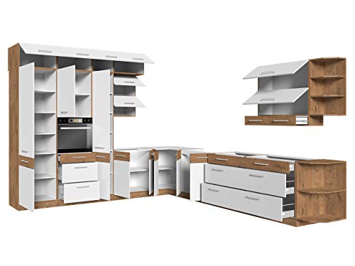 Mirjan24 Küche Woodline I mit Arbeitsplatte iim Set, Küchenblock/Küchenzeile 19 Schrank-Module frei kombinierbar (Eiche Lancelot/Weiß Hochglanz)