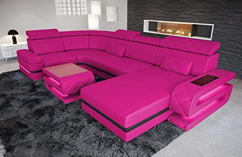 Sofa Bologna als Wohnlandschaft in der U-Form Leder Couch mit USB Kopfstützen Beleuchtung Ledersofa als Designersofa mit Stauraum (Ottomane rechts (auf Sofa blickend), Pink-Schwarz)