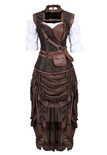 Grebrafan Steampunk Kunstleder Korsett Corsage Kostüm mit Pirat Spitzenrock und Bluse - für Karneval Fasching Halloween (EUR(48-50) 6XL, Braun)