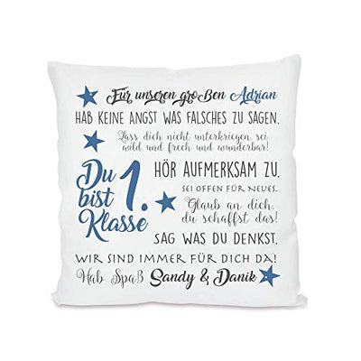 Geschenk zur Einschulung für Schulanfänger - Kissen"Du bist 1. Klasse" personalisiert mit Namen des Erstklässlers, Einschulungsgeschenk für Mädchen und Jungen, In Rosa und Blau individualisierbar