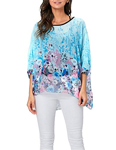 LazLake Chiffon Böhmen Blusen Damen Boehmen Blumen Bluse Damen Boho Bluse Batwing Damenbluse 3/4 Armel Chiffon Bluse T-Shirt ED-Bianfu-345