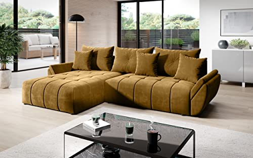 FURNIX Ecksofa Calvani mit Schlaffunktion und Bettkasten - Couch Wohnzimmersofa mit Kissen - L-Form Sofa, Stellfüße in Chromoptik - B280 x T190 x H91 cm, Liegefläche 230 x 149 cm - MH 48 (Gold)