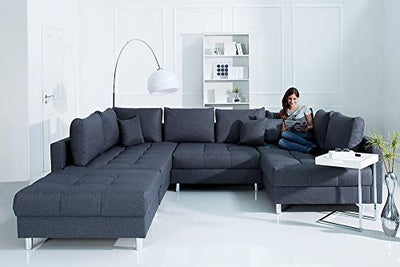 invicta INTERIOR Moderne XXL Wohnlandschaft Kent 303cm anthrazit grau Federkern mit Schlaffunktion Sofa inkl. Hocker und Kissen Schlafsofa Eckcouch