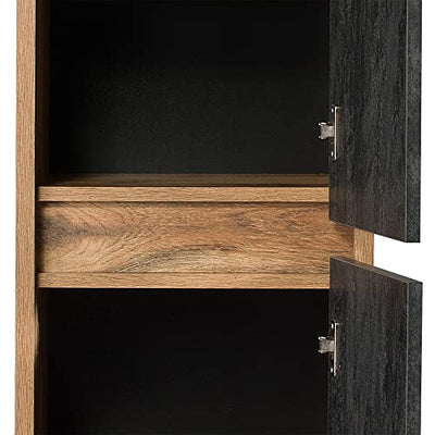 Lomadox Badmöbel-Komplett-Set Eiche mit Beton dunkel, 100 cm Waschtisch-Unterschrank, 61 cm Keramik-Waschbecken schwarz, 3-türiger Spiegelschrank, Hochschrank, B/H/T 160/200/46 cm