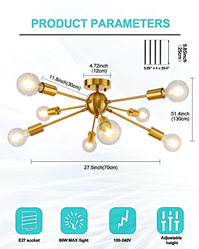 Himaugbo Sputnik Lampe Kronleuchter，Sputnik HäNgelampe Gold 8-Flammig ，25-100cm HöHenverstellbar Retro Deckenlampe 180°-Drehung füR Esszimmer, Schlafzimmer, Wohnzimmer und Flur