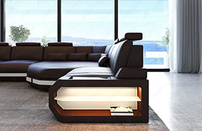 Leder Wohnlandschaft Asti Sofa U Form mit LED Beleuchtung Kopfstützen Designersofa Couch (große Ecke rechts, Dunkelbraun-Weiß)