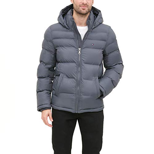 Tommy Hilfiger Herren Klassische Kapuzenjacke Daunenalternative Mantel, anthrazit, Large