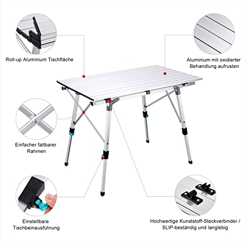 Synlyn Aluminium Campingtisch Falttisch Tragbar Klapptisch 90 x 52 x (45-67) cm faltbar Camping Tisch Klappbar Multifunktionstisch Reisetisch im Garten für Festivals Märkte Outdoor Party - Silber