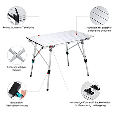 Synlyn Aluminium Campingtisch Falttisch Tragbar Klapptisch 90 x 52 x (45-67) cm faltbar Camping Tisch Klappbar Multifunktionstisch Reisetisch im Garten für Festivals Märkte Outdoor Party - Silber