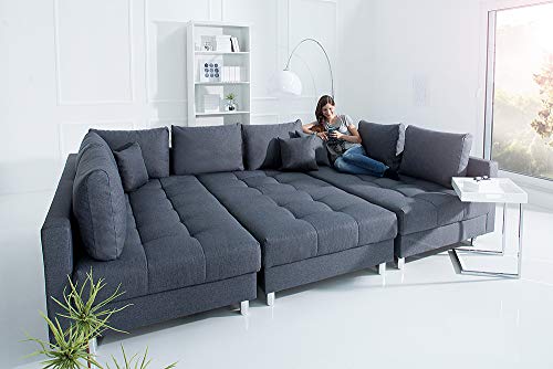 invicta INTERIOR Moderne XXL Wohnlandschaft Kent 303cm anthrazit grau Federkern mit Schlaffunktion Sofa inkl. Hocker und Kissen Schlafsofa Eckcouch