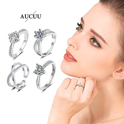 Aucuu 4PCS 925 Sterling Silber Ring Damen, einstellbare Ring Zirkonia ringe Damenring, Schmuck geschenk für Verlobung, Versprechen, Jahrestag