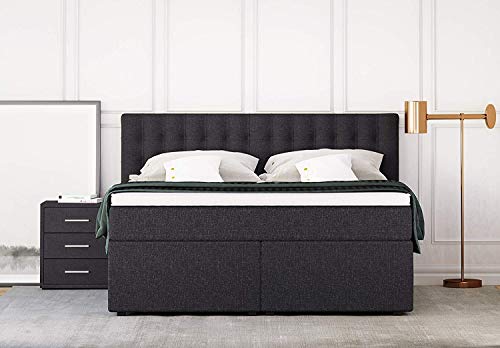 Betten Jumbo King Boxspringbett 180x200 cm mit Bettkasten 7-Zonen TFK Härtegrad H4 und Visco-Topper | Farbe Anthrazit | div. Größen verfügbar